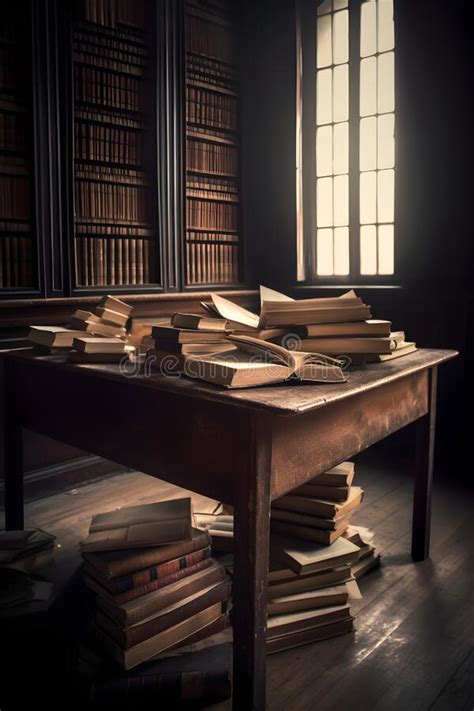 Opened Book And Stacks Of Old Books On Wooden Desk In Old Library