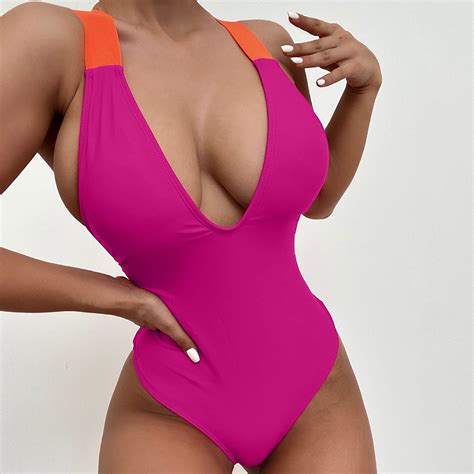 Vsssj Women Bikini Bathing Suit Color Block Deep V Neck Sexy Swimwear