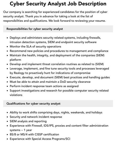 Cyber Security Analyst Job Description Velvet Jobs