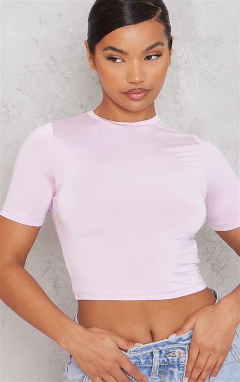 Recycled Basic Light Pink Slinky Short Sleeve Crop Top Prettylittlething Usa