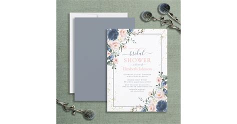 Light Dusty Blue Blush Pink Gold Floral Shower Invitation Zazzle