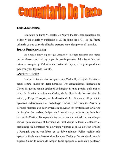 Comentario De Texto Decretos De Nueva Planta PDF