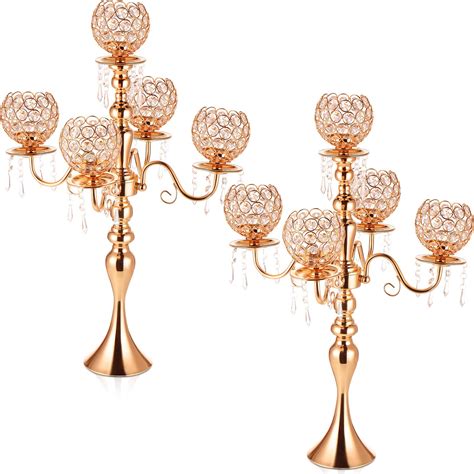 Dandat Pack Arms Gold Candelabra Centerpiece With Crystal Pendant