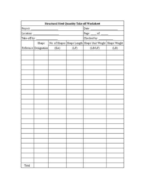 Structural Steel Quantity Take Off Worksheet Pdf