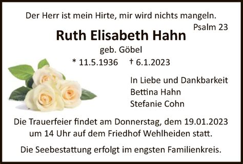 Traueranzeigen Von Ruth Elisabeth Hahn Trauer Hna De