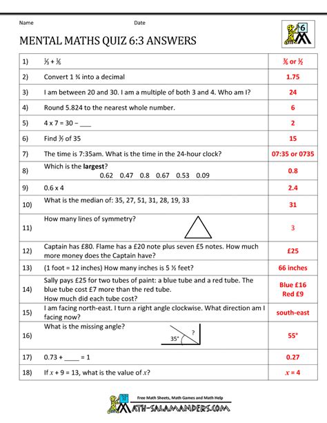 Math Quiz For Grade 6 With Answers