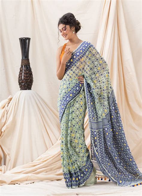 Traditional Light Celadon Soft Dhakai Jamdani Saree Angoshobha 4169406