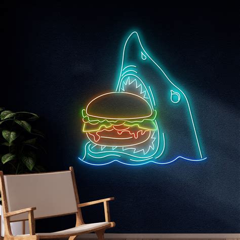 Handmadetneonsign Shark Eating Burger Neon Sign Burger Shark Neon