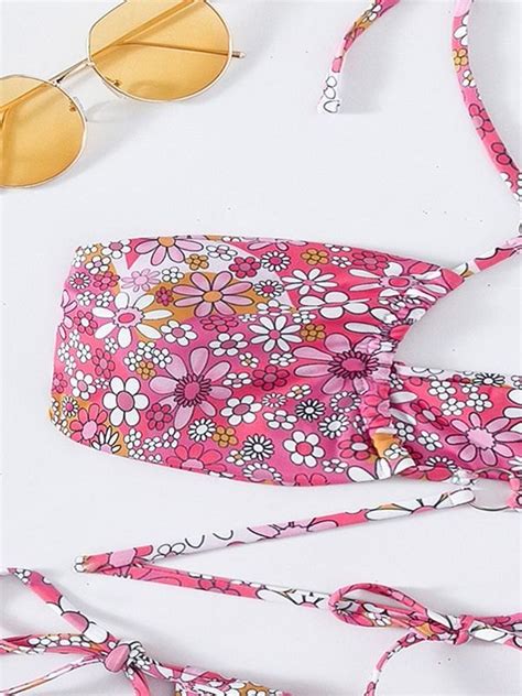 Emmiol Free Shipping Criss Cross Tie Floral Bikini Set Pink M In