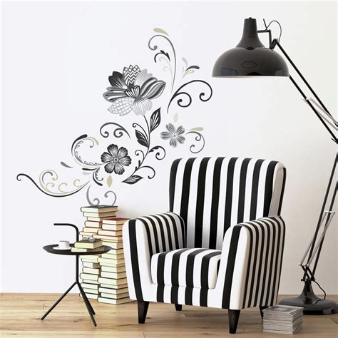 BLACK AND WHITE FLOWER SCROLL PEEL AND STICK GIANT WALL DECALS ...