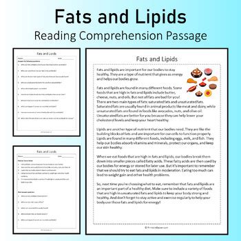 Fats And Lipids Reading Comprehension Passage Printable Worksheet