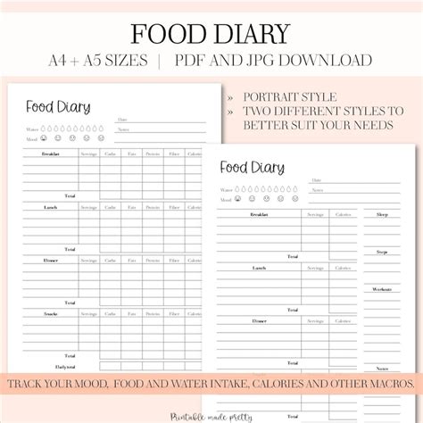 Food Diary Calorie Tracker Food Journal Health And Fitness Planner Printable Help With Weight