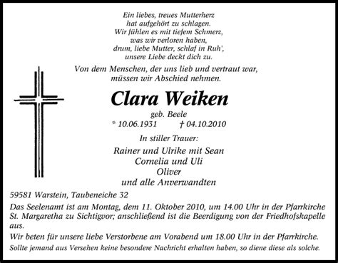 Traueranzeigen Von Clara Weiken Trauer In NRW De