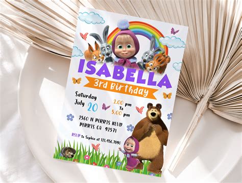 Editable Masha And The Bear Birthday Invitation Template Printable