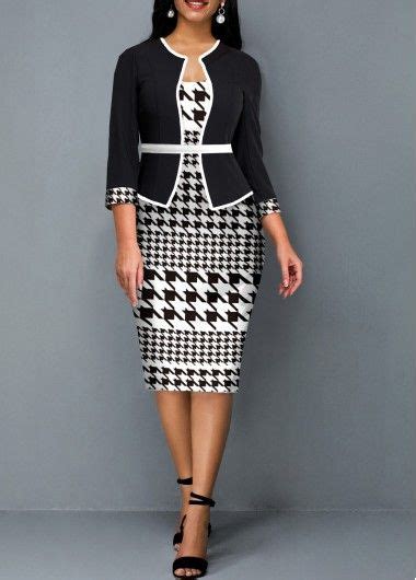 Black Houndstooth Print Patchwork Bodycon Dress