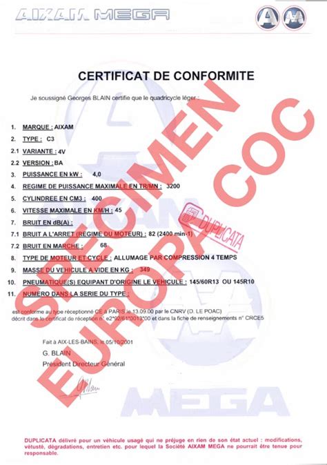 Certificat De Conformit Europ En Aixam Coc Commandez Votre