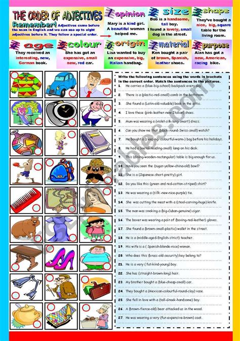 The Order Of Adjectives B W Version Key Included Esl Worksheet By