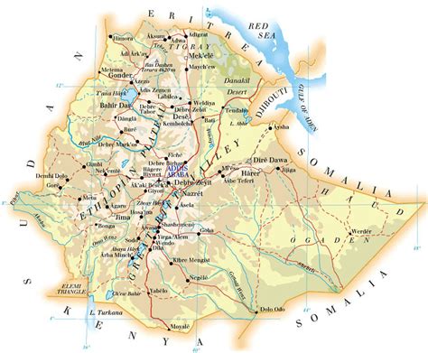 Detailed physical and road map of Ethiopia. Ethiopia detailed physical and road map | Vidiani ...