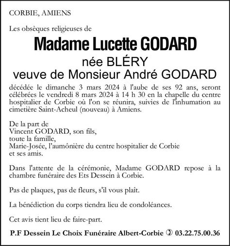 Madame Lucette Godard Née Blery Pompes Funèbres Dessein