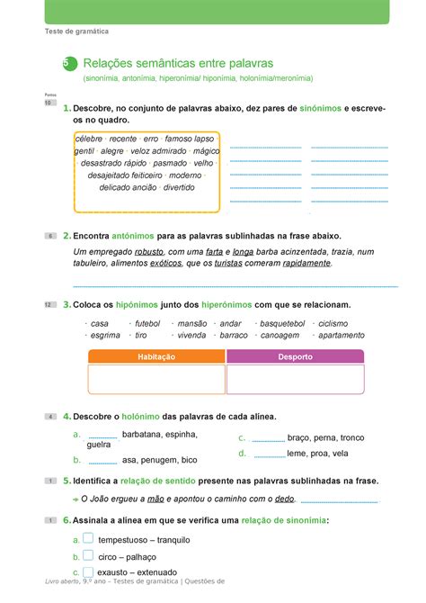 Relações Semânticas entre as palavras Teste de gramática 5 Livro