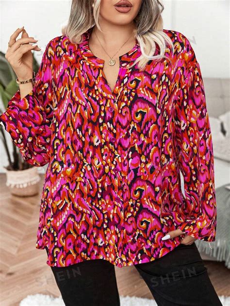 Shein Priv Plus Allover Print Notched Neckline Lantern Sleeve Blouse