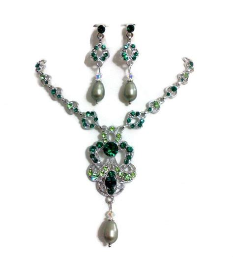 Emerald Green Bridal Jewelry Set Crystal Pearl Earrings Ombre Wedding