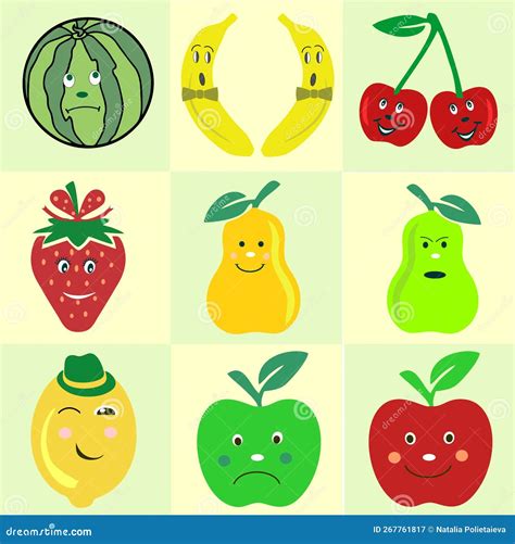 Set Of Fruits With Different Emotions Stickers Vector Illustration