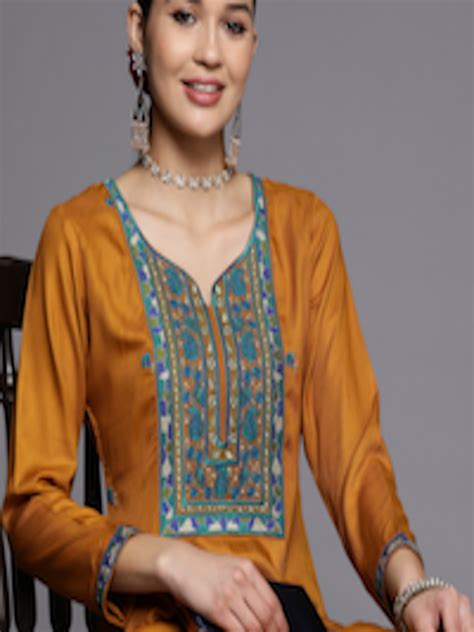 Buy Libas Mustard Pashmina Wool Embroidered Straight Kurta Kurtas For