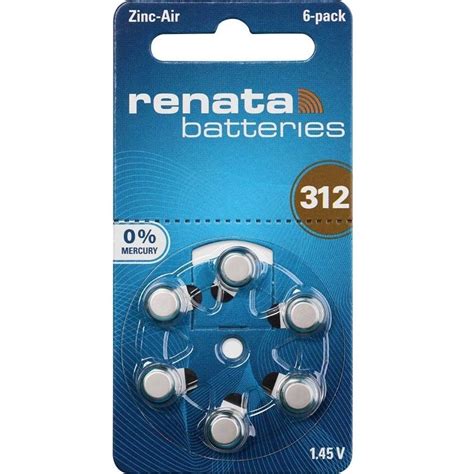 Renata ZA312 1 45V Hearing Aid Zinc Air Batteries 6 Pack