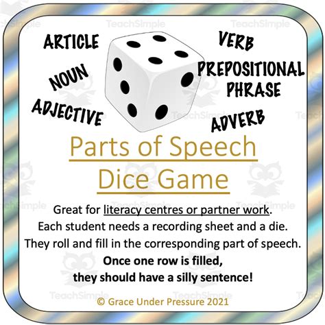 Parts Of Speech Dice Game A Quick And Easy Way To Practice Grammar By