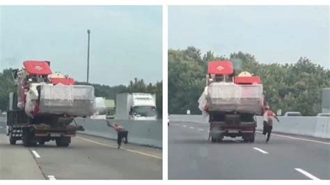 Viral Sopir Truk Lari Kejar Truknya Yang Meluncur Di Tol Hingga