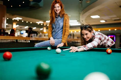 Beautiful Women Playing Billiards Stock Image - Image of chalk, play ...