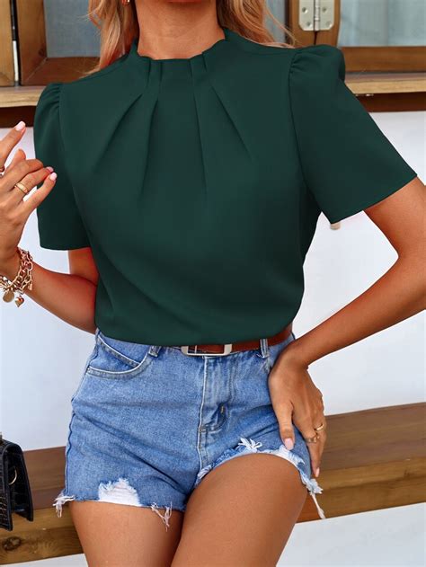 Mock Neck Keyhole Back Blouse Shein Usa