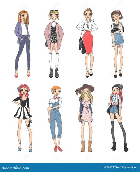 Fashion Girls Pure Beauty Colored Cartoon Sketch Flat Vector ...