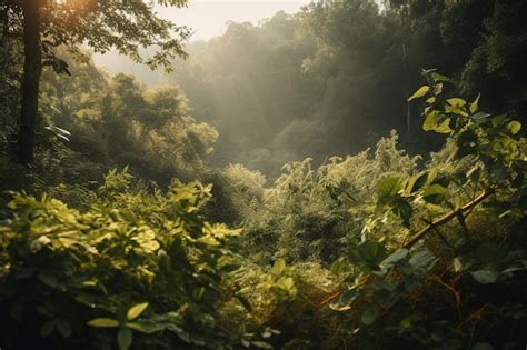 Una escena del bosque con un sol brillando sobre los árboles y las