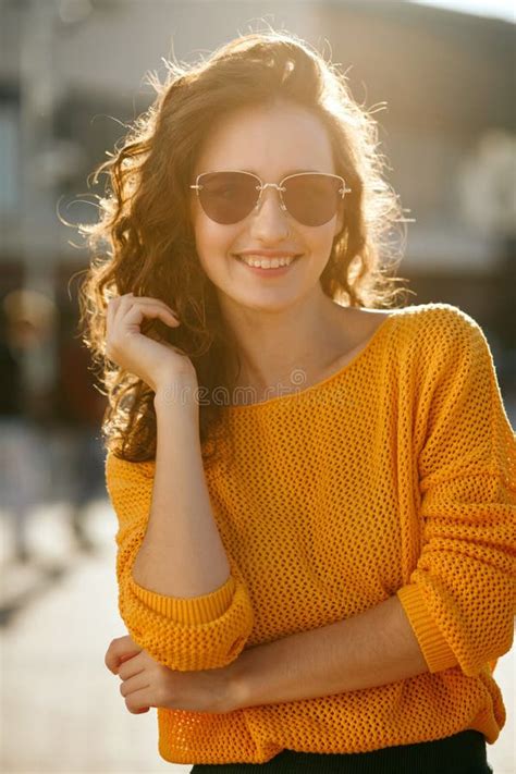 Romantic Smiling Brunette Model With Curly Hair Wearing Glasses Stock Image Image Of Jacket