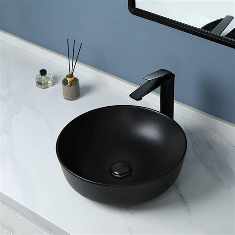 Bathivy Bathroom Vessel Sink With Pop Up Drain 16 Round Vessel Sink Basin Matte Black Above