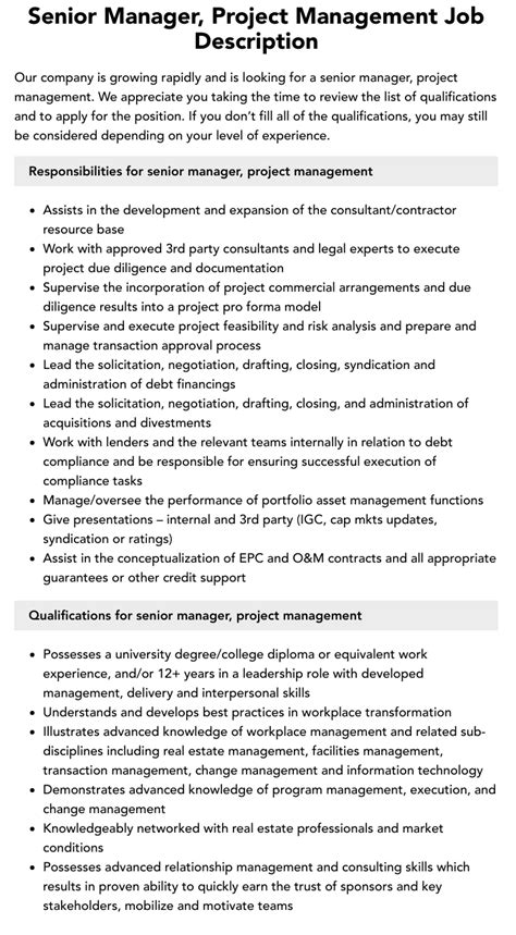 Senior Manager Project Management Job Description Velvet Jobs