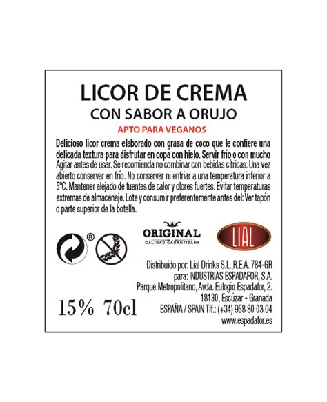 Crema De Orujo Sin Lactosa Industrias Espadafor S A