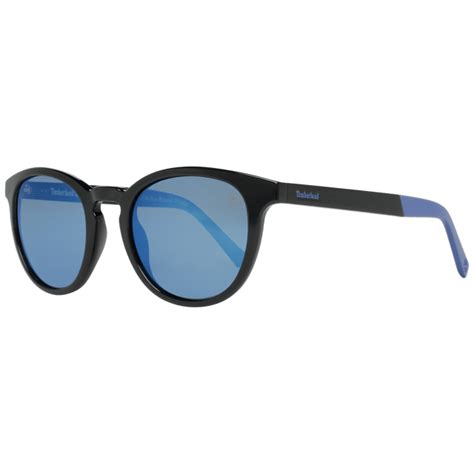 Timberland Round Mens Shiny Black Blue Blue Polarized Sunglasses