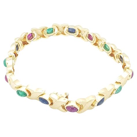 Sapphire Ruby Emerald Karat Yellow Gold Flowers Link Bracelet For