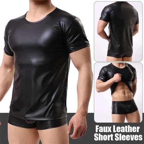 Sexy Mens Faux Leather Black T Shirt Slim Tight Tops Short Sleeve Tees