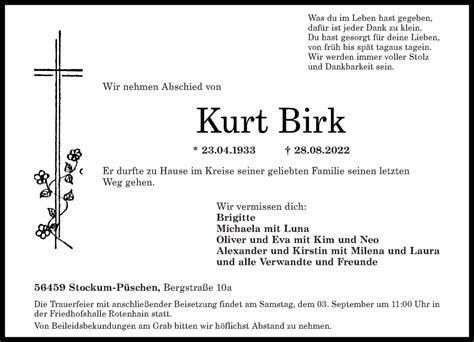 Traueranzeigen Von Kurt Birk Rz Trauer De