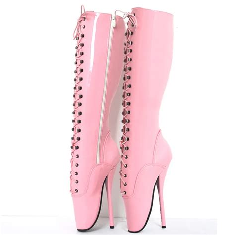 18cm 7 Women Spike High Heels Fetish Ballet Boots Lace Up Pink Man Sexy