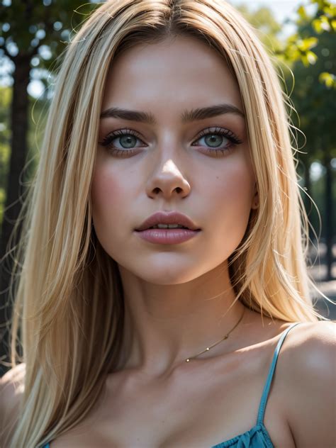 A Close Up Of A Woman With Long Blonde Hair And A Blue Top SeaArt AI