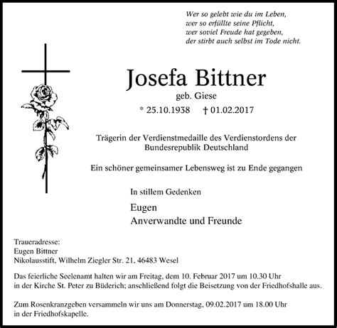 Traueranzeigen Von Josefa Bittner Trauer In NRW De