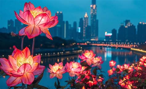 Premium Photo Lit Up Flowers At Night View With Cityscape Background