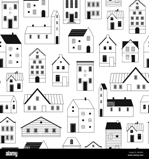 Tiny Doodle Homes Seamless Pattern Houses Coloring Page Outline