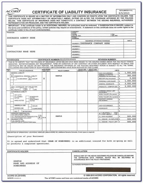 Acord Certificate Of Liability Insurance Form 25 Form With Regard To