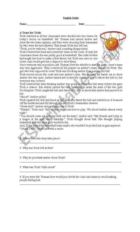 Basketball Reading Comprehension Esl Worksheet By Francisloy